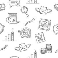 Business, finance, money. Editable seamless pattern. Doodle icons on a white background. Purpose, bills, charts, profit, document, safe. vector