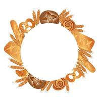 Round frame with ears of corn and bread. Illustration on white background. vector