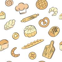 Color bakery seamless pattern of doodle icons on white background. vector