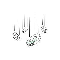 Banks crisis, savings money icon. Coins dollar falling down. Line illustration. vector