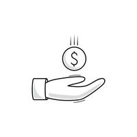 Hand catches the money. The dollar falls into hand. Doodle line icon. vector