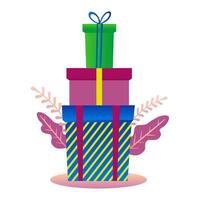 Stack of beautiful gift boxes decorated with leaves. vector