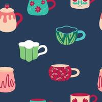 Seamless pattern with various tea cups. Cute dishes different shapes and ornaments on blue background. vector