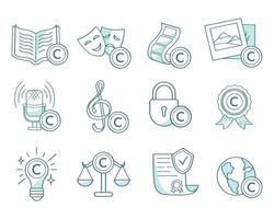 Copyright for works of art, literature, cinema, music, podcasts. The law protects intellectual property. Doodle set of icons. vector