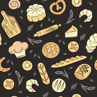 Bread dark background. Bakery seamless pattern. Croissant, bun, pie, rolling pin. vector