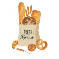 Paper bag with bread on white background. vector