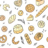 Color bakery, bread, croissant, bun, pie, rolling pin, chef hat. Seamless pattern of doodle icons on white background. vector