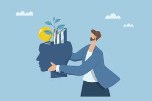 Increasing skills, Knowledge and abilities for oneself, Self development concept, Professional learning, Businessman is taking care of a tree growing from himself. design illustration. vector