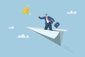 Motivation leads to success, Trying or creating hope for success in business and career, Businessman on a paper plane and reaching out to grab the stars. design illustration. vector