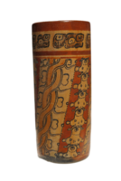 Late Classic AD 600 to 900 cylindrical polychrome jars with complex anthropomorphic, geometric, and glyph painted decoration. Polychrome pottery was an elaborate, advanced art form of the Maya. png