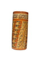 Late Classic AD 600 to 900 cylindrical polychrome jars with complex anthropomorphic, geometric, and glyph painted decoration. Polychrome pottery was an elaborate, advanced art form of the Maya. png