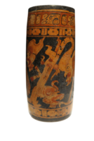 Late Classic AD 600 to 900 cylindrical polychrome jars with complex anthropomorphic, geometric, and glyph painted decoration. Polychrome pottery was an elaborate, advanced art form of the Maya. png