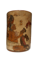 Late Classic AD 600 to 900 cylindrical polychrome jars with complex anthropomorphic, geometric, and glyph painted decoration. Polychrome pottery was an elaborate, advanced art form of the Maya. png