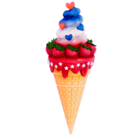 postre 4to de julio 3d, hielo crema conos con cucharadas de rojo, blanco, y azul en transparente fondo, 3d representación png