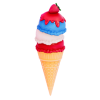 Dessert 4Th of July 3D, Ice cream cones with scoops of red, white, and blue on transparent background, 3D Rendering png