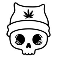 Rastaman skull with hat and marijuana leaf. Skull weed. Cute skull in a hat with a hemp leaf. Sketch vector