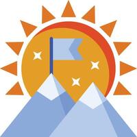 a flag on top of a mountain with a sun behind it vector