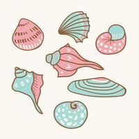 Seashells set cartoon illustration. Hand drawn decorative collection of sketches various mollusk sea shells in different forms. Design element for print, logo, flyer, card, poster, paper vector