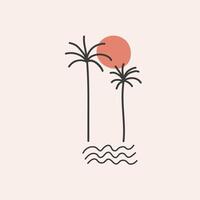 Palm trees, waves, sun, card boho design. Linear sketch in minimal style marine landscape. Template for logo, templates in trendy Bohemian style peach colour. Abstract art sea sign, design card vector