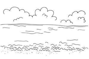 Panoramic calm ocean or sea beach view sketch hand drawn illustration of seaside with water, clouds, marine motive. Abstract ink drawing, coast landscape. Travel, nature, vacation. line art vector