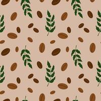 Coffee beans and coffee tree branch seamless pattern. Hand drawn Arabica plant, repeating background flat illustration. Texture rapport for textile, print, wrapping, card, template, paper vector