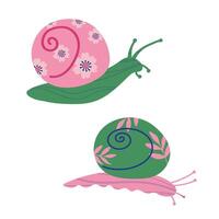 Cute Snail cartoon character decorative small animal hand drawn illustration on isolated background. Colourful snails festive design for print, flyer, paper, card, poster, icon vector