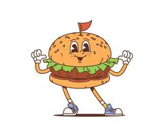 Cartoon retro hamburger groovy funky character vector