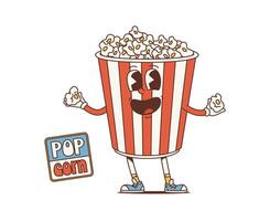 Cartoon retro popcorn bucket groovy character vector