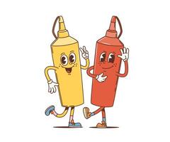 Cartoon retro groovy mustard and ketchup bottles vector