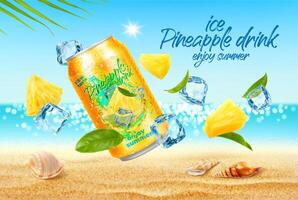 Pineapple ice drink, fruit juice can on beach vector