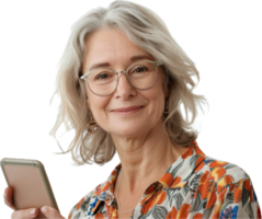 sorridente anziano donna utilizzando smartphone png