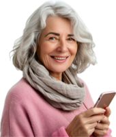 glimlachen senior vrouw gebruik makend van smartphone png