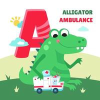 Letter A. Alphabet, card with cute cartoon style characters. Alligator and ambulance. ABC. Education for children. Preschool activity. illustration. vector