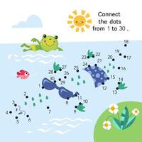 Dot to dot. Connect the dots from 1 to 30. Puzzle game for kids. Cute crocodile in summer. illustration vector