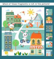 Find hidden fragments in picture. Educational puzzle game for kids. Cute cartoon stylised mice and bunnies in city. Scene for children's books on white background. illustration. vector