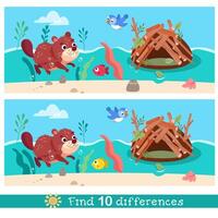 Cute stylised beaver swimming in river near hut. Find 10 differences. Educational puzzle game for children. Cartoon funny animals, plants. illustration. vector
