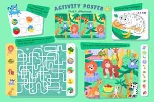 Find hidden objects in picture. Educational puzzle game, maze, count, math for kids. Cute flat simple animals in jungle, zoo. colour illustration. Cartoon scene for design. vector