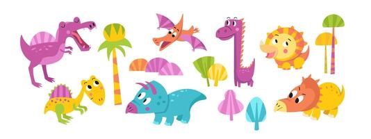 linda dibujos animados conjunto dinosaurios plano estilizado aislado sencillo ilustración para diseño en blanco antecedentes. modelo para texto. gráficos vector