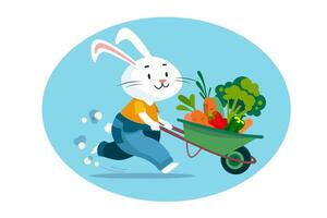 Cute flat cartoon rabbit with vegetables in wheelbarrow. Farm and garden, plants. Scene for stickers and design. flat isolated illustration on white background. vector