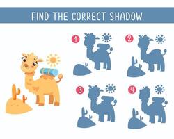 Find the right shadow. Game for children. Activity, children illustration. Cute flat stylised cartoon camel in desert. vector