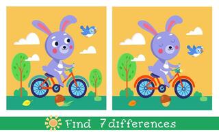 Cute stylized hare rides bicycle. Find 7 differences. Educational puzzle game for children. Cartoons funny animals, plants. illustration. vector