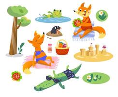 Cartoon foxes set in swimming costume on beach in summer. Cute characters in flat style. flat isolated illustrations on white background. vector