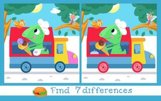 Find 7 differences. Game for children. Card with cute cartoon style characters. Iguana and ice cream truck. Scene for design. Preschool activity. illustration. vector