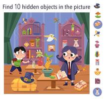 Find 10 hidden objects in picture. Educational game for kids. Cute girl witch and boy with magic wand in wizard school. Interior with objects. illustration vector