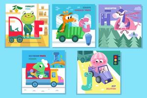 Letter set. Alphabet, cards with cute cartoon style characters. Animals and transport. ABC. Education for children. Preschool activity. illustrations. vector