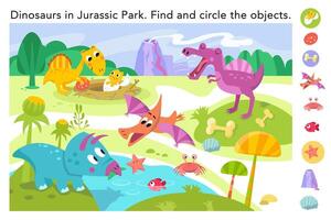 Find hidden objects in picture. Educational puzzle game for kids. Cute flat simple dinosaurs in Jurassic Park. colour illustration. Cartoon scene for design. Prehistoric forest. vector