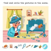 Find the hidden objects in the picture. Educational puzzle game for kids. Cute cartoon grandmother with magnifying glass. colour illustration. Scene for design. Detective and investigation vector