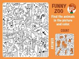 Find animals in zoo color and count. Game for kids. Children coloring. Puzzle with hidden objects. Funny cartoon characters. illustration. vector