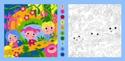 Colour by numbers game. Educational puzzle for children. Cute flat simple scene. Nature and jungle. illustration. vector