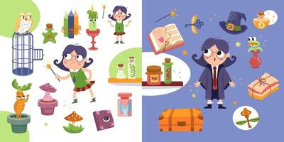 Cute witch girl with magic wand, objects on blue background. Halloween and wizard school. Cartoon stickers for design. illustration. vector